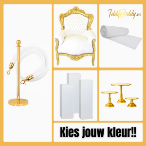 Witte barok stoelpakket met witte zuilen, witte loper, taartplateaus en afzetpalen