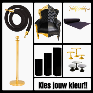 Zwarte barok stoelpakket met zuilen, zwarte loper, taartplateaus en afzetpalen